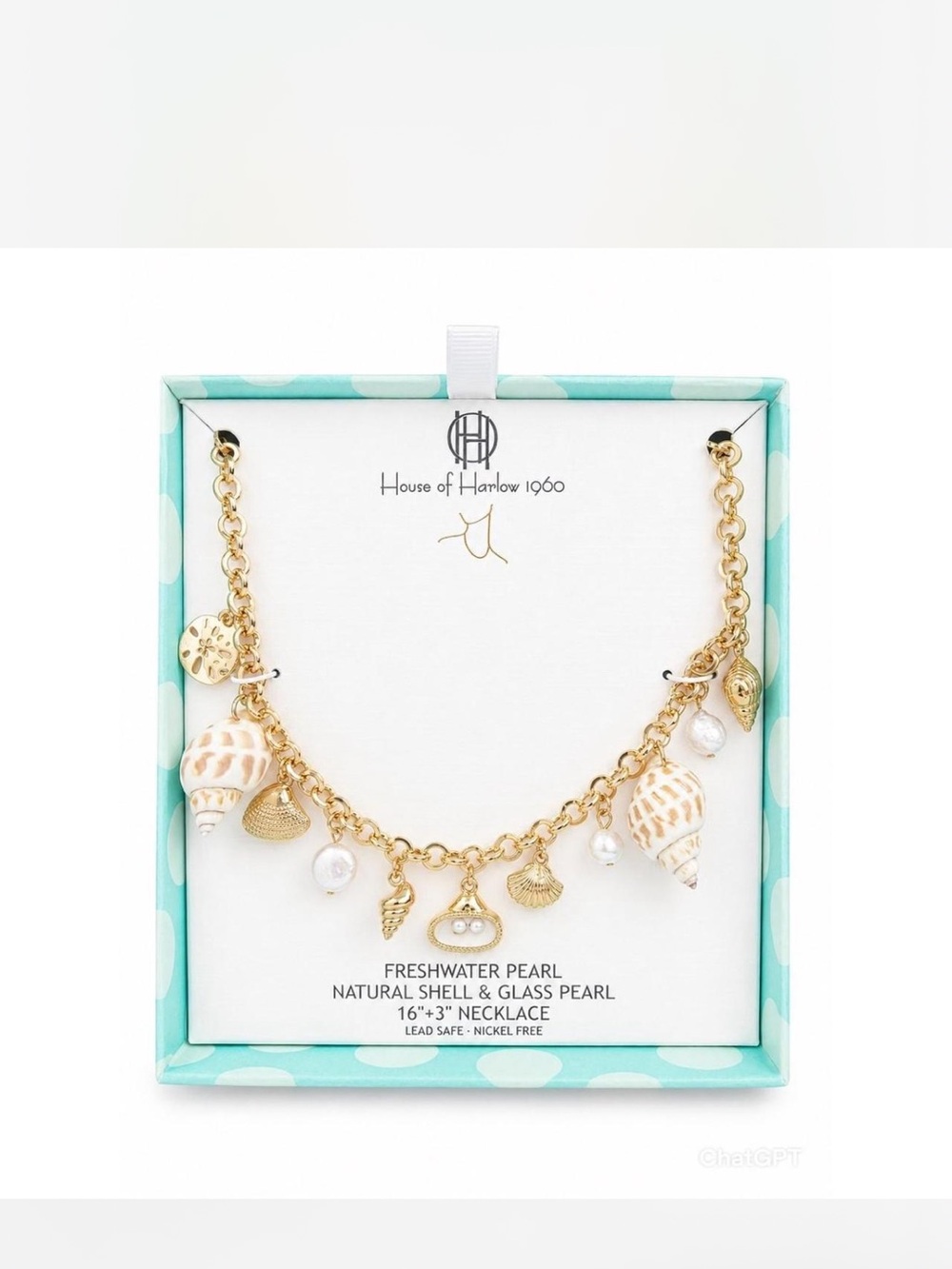 House of Harlow 1960 Gold Shell & Pearl Charm Necklace - NIB